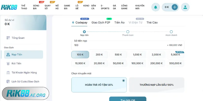 Giao diện nạp tiền Rik88 qua Codepay