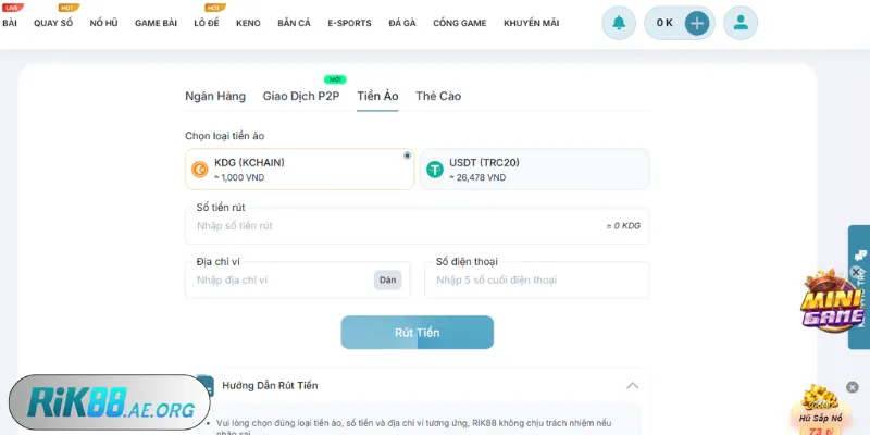 Giao diện rút tiền Rik88 thông qua tiền ảo