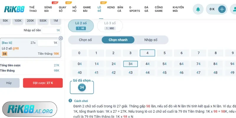 Hướng dẫn cách tính điểm bao lô số đề Rik88 hiện nay
