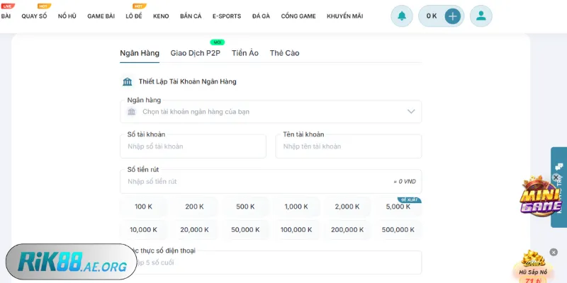 Hướng dẫn rút tiền Rik88 qua ngân hàng