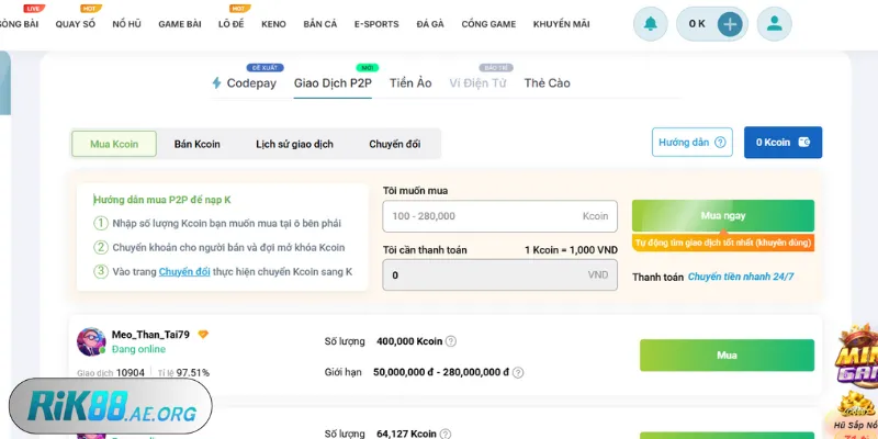 Người chơi nạp tiền trực tiếp qua hình thức P2P